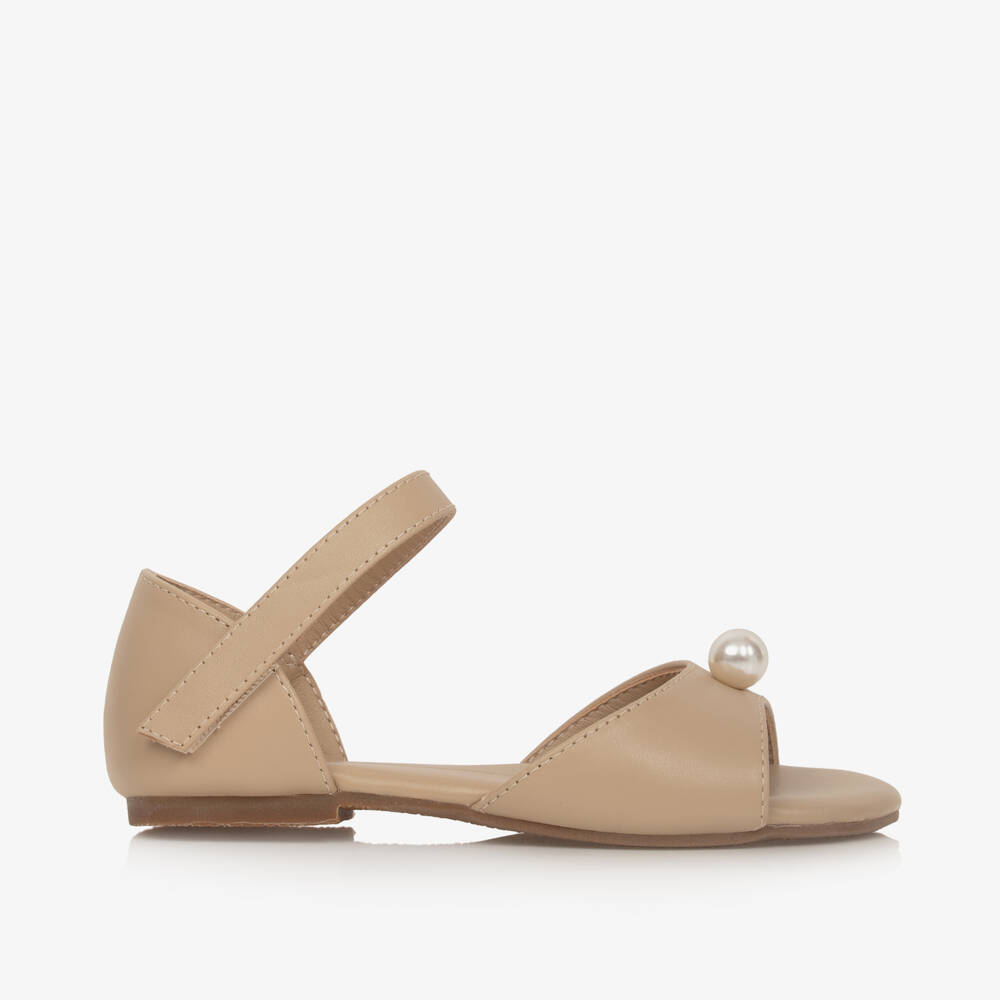 Age of Innocence-Girls Beige Pearl-Adorned Leather Sandals | Childrensalon Outlet