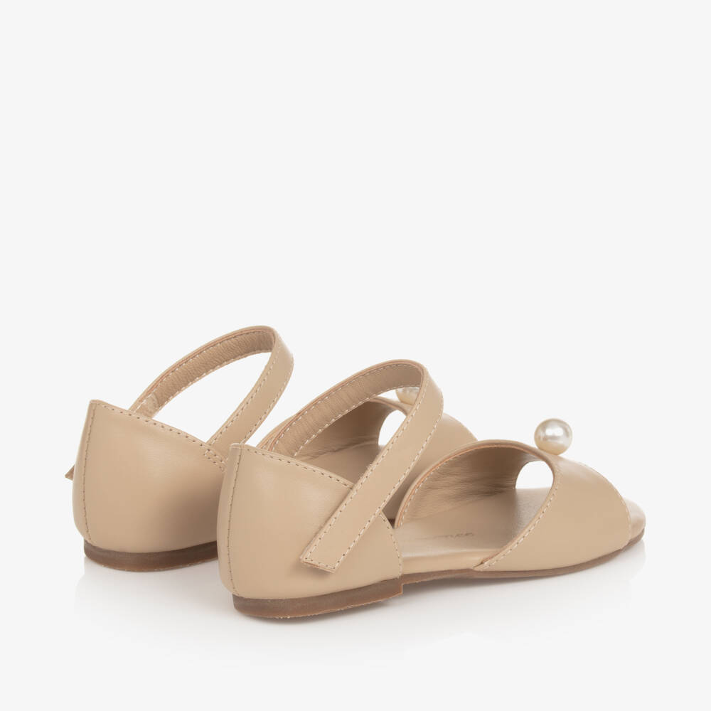 Age of Innocence-Girls Beige Pearl-Adorned Leather Sandals | Childrensalon Outlet