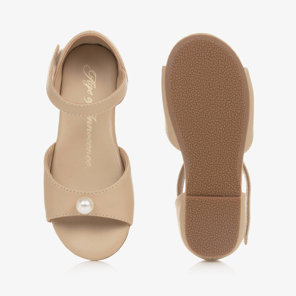 Age of Innocence-Girls Beige Pearl-Adorned Leather Sandals | Childrensalon Outlet