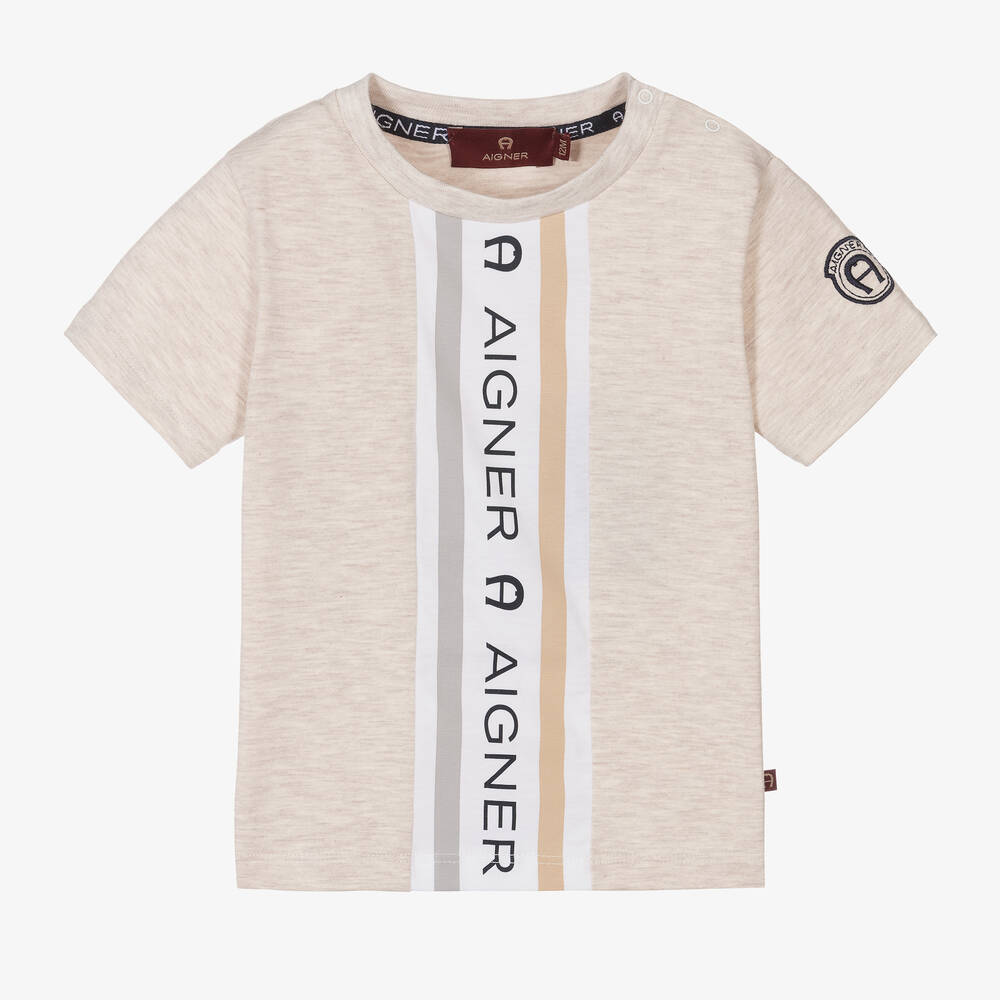 AIGNER - Baby Boys Beige Cotton Logo T-Shirt | Childrensalon