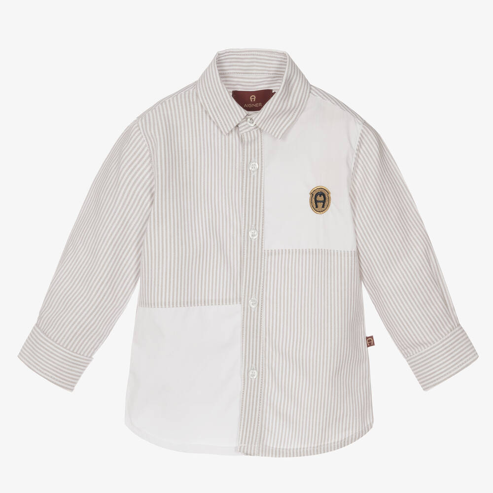 AIGNER - Baby Boys Beige Striped Cotton Shirt | Childrensalon