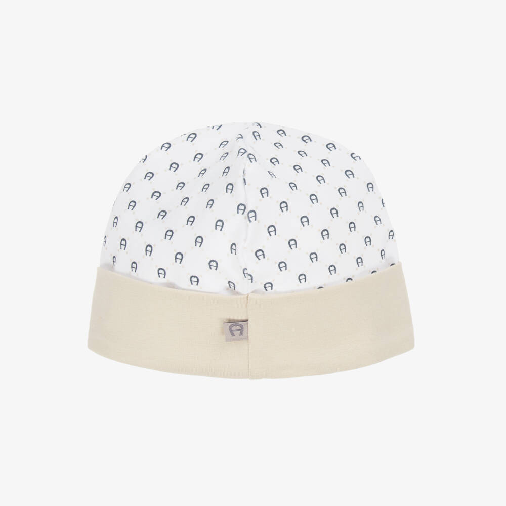 AIGNER-Baby Boys Beige & White Pima Cotton Hat | Childrensalon Outlet
