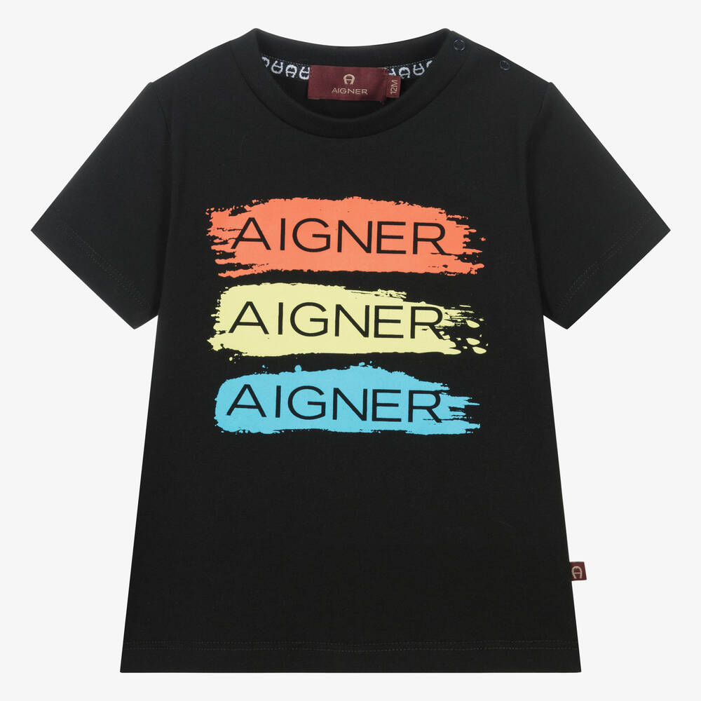 AIGNER-تيشيرت أطفال ولادي بطبعة الشعار لون أسود | Childrensalon Outlet