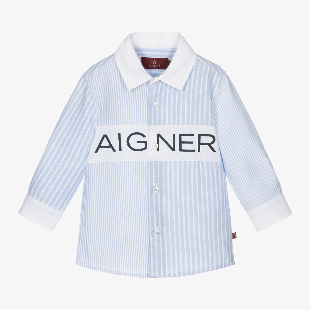 AIGNER - قميص أطفال ولادي قطن أكسفورد مقلم لون أزرق وأبيض | Childrensalon