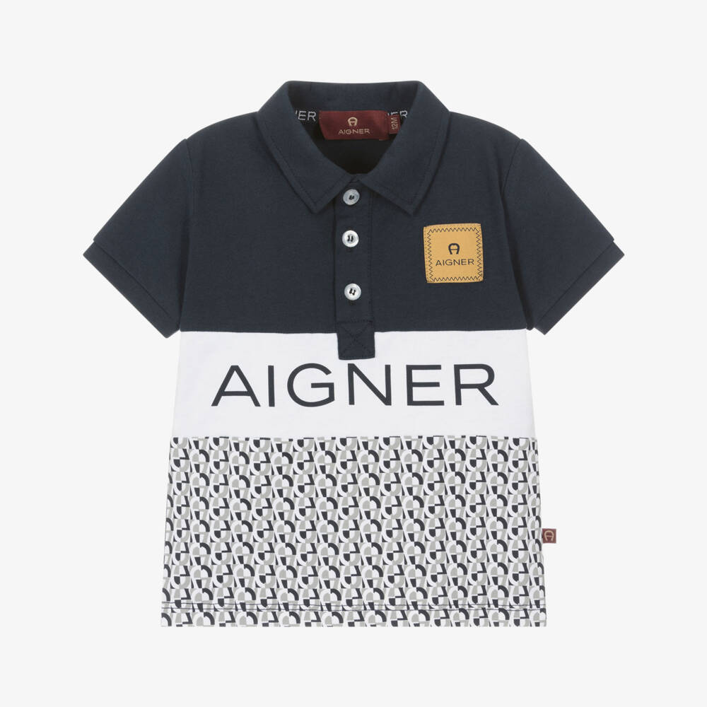 AIGNER-توب بولو أطفال ولادي قطن جيرسي لون كحلي وذهبي | Childrensalon Outlet
