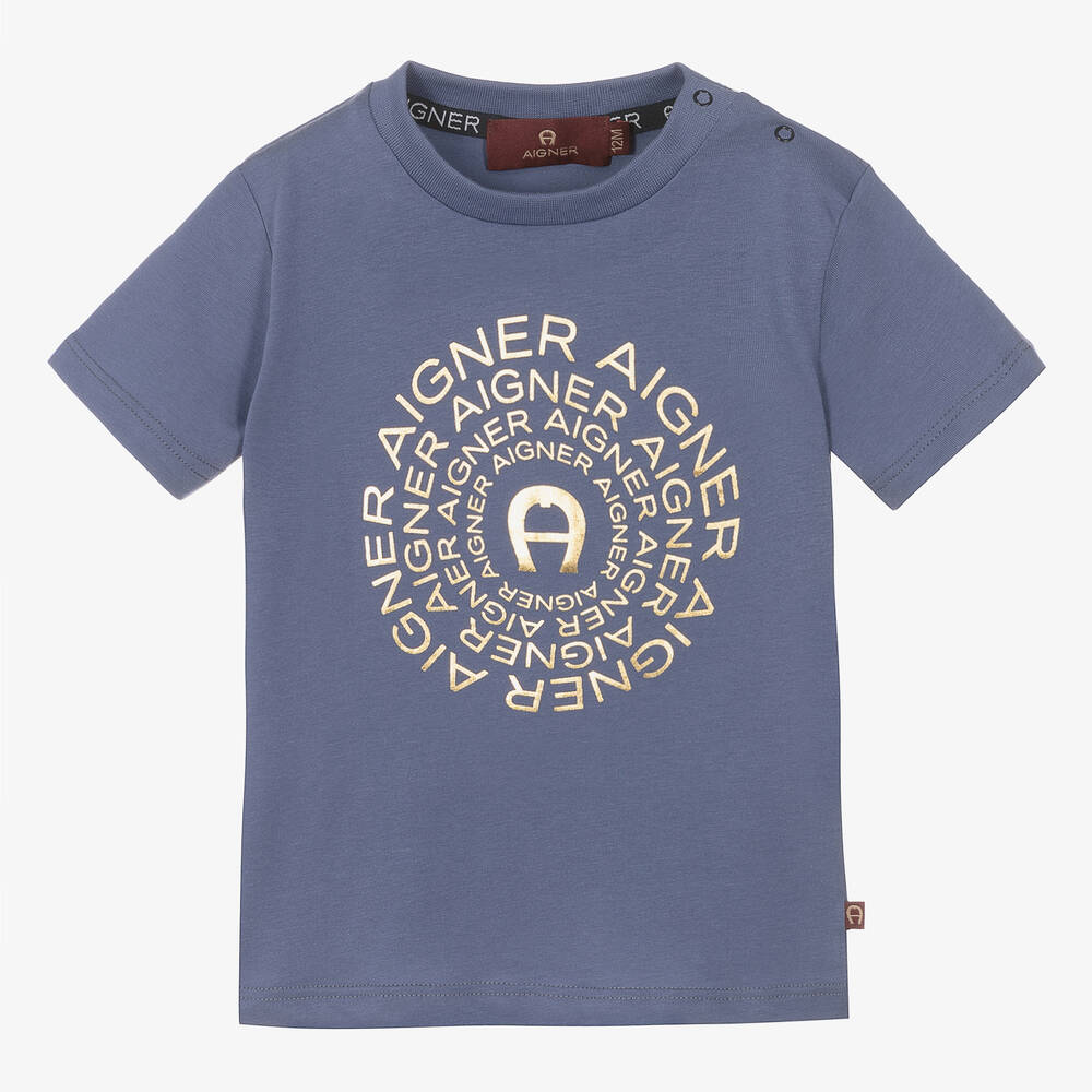 AIGNER - Baby Boys Blue & Gold Logo T-Shirt | Childrensalon
