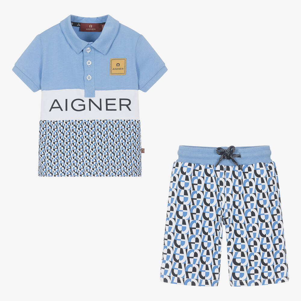 AIGNER-طقم شورت أطفال ولادي قطن لون أزرق | Childrensalon Outlet