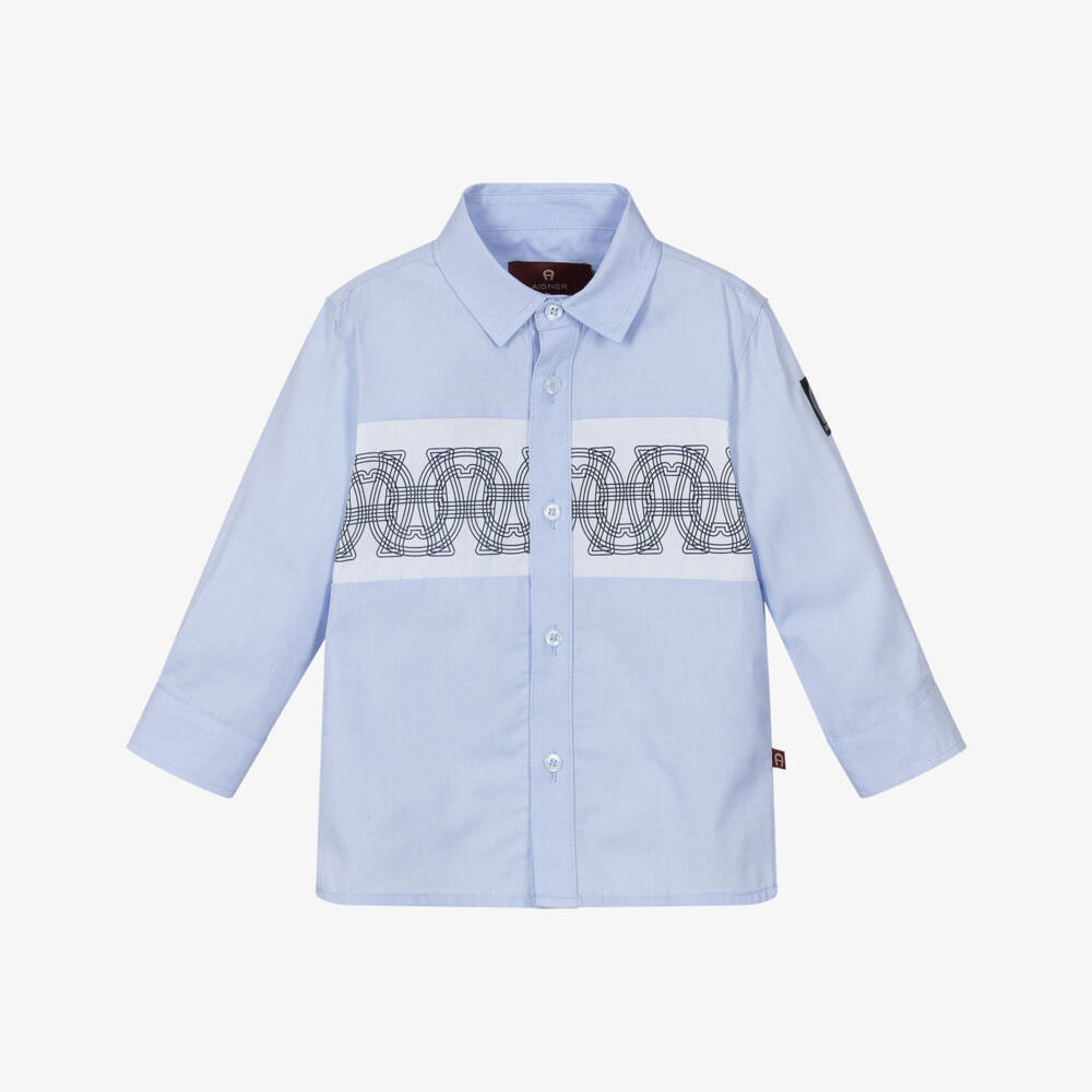 AIGNER-Baby Boys Blue Oxford Cotton Logo Shirt | Childrensalon Outlet
