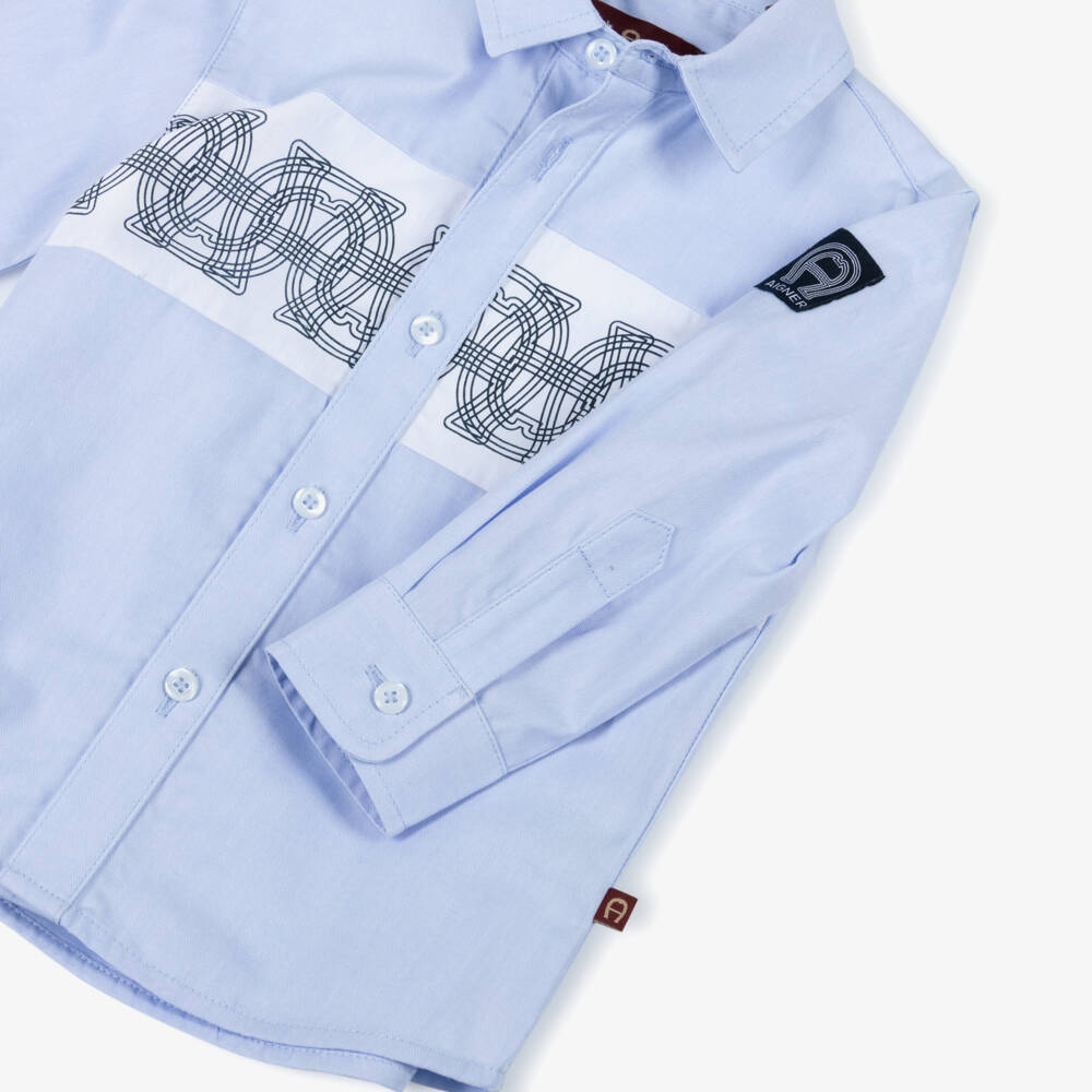 AIGNER-Baby Boys Blue Oxford Cotton Logo Shirt | Childrensalon Outlet