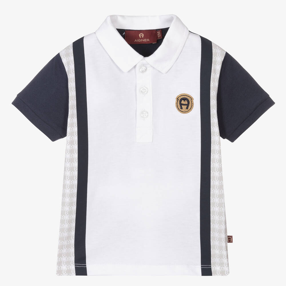 AIGNER - Baby Boys Blue & White Cotton Polo Shirt | Childrensalon
