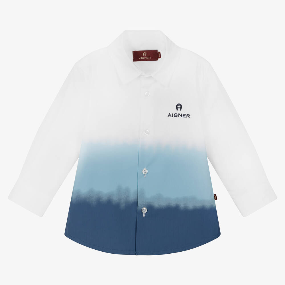 AIGNER - Бело-голубая рубашка с эффектом тай-дай | Childrensalon