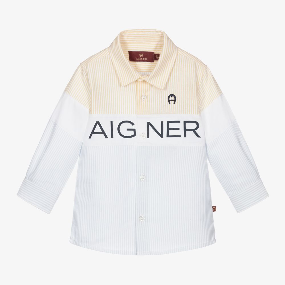 AIGNER - قميص أطفال ولادي قطن أكسفورد لون أزرق وأصفر  | Childrensalon
