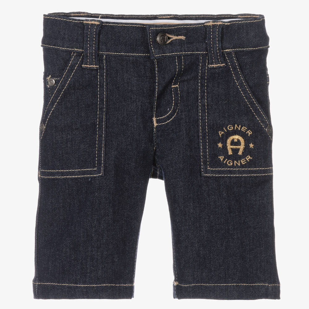AIGNER-شورت أطفال ولادي قطن دنيم لون أزرق داكن | Childrensalon Outlet