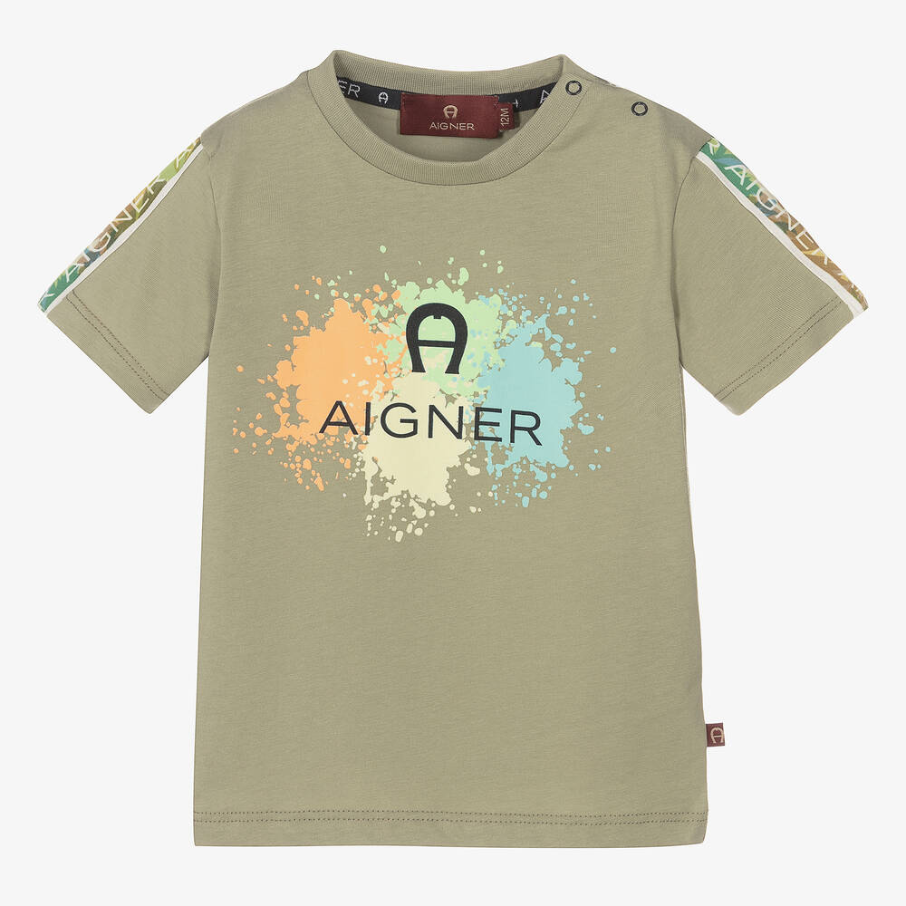 AIGNER - تيشيرت أطفال ولادي قطن لون أخضر كاكي | Childrensalon