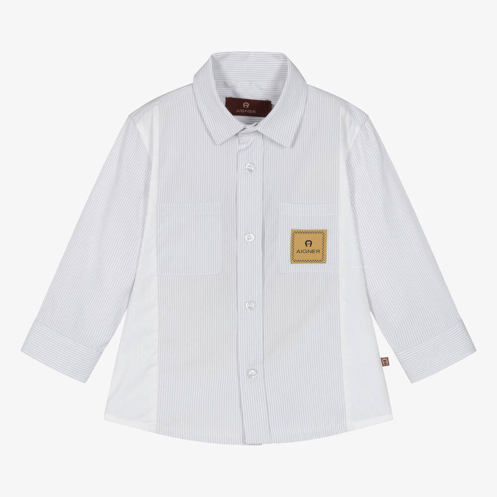 AIGNER-قميص أطفال ولادي قطن بوبلين مقلم لون رمادي | Childrensalon Outlet