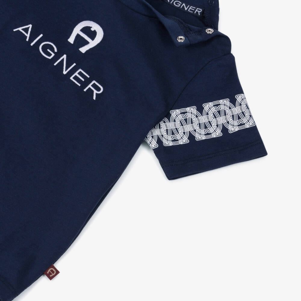AIGNER-Baby Boys Navy Blue Cotton Jersey Embroidered Logo T-Shirt | Childrensalon Outlet