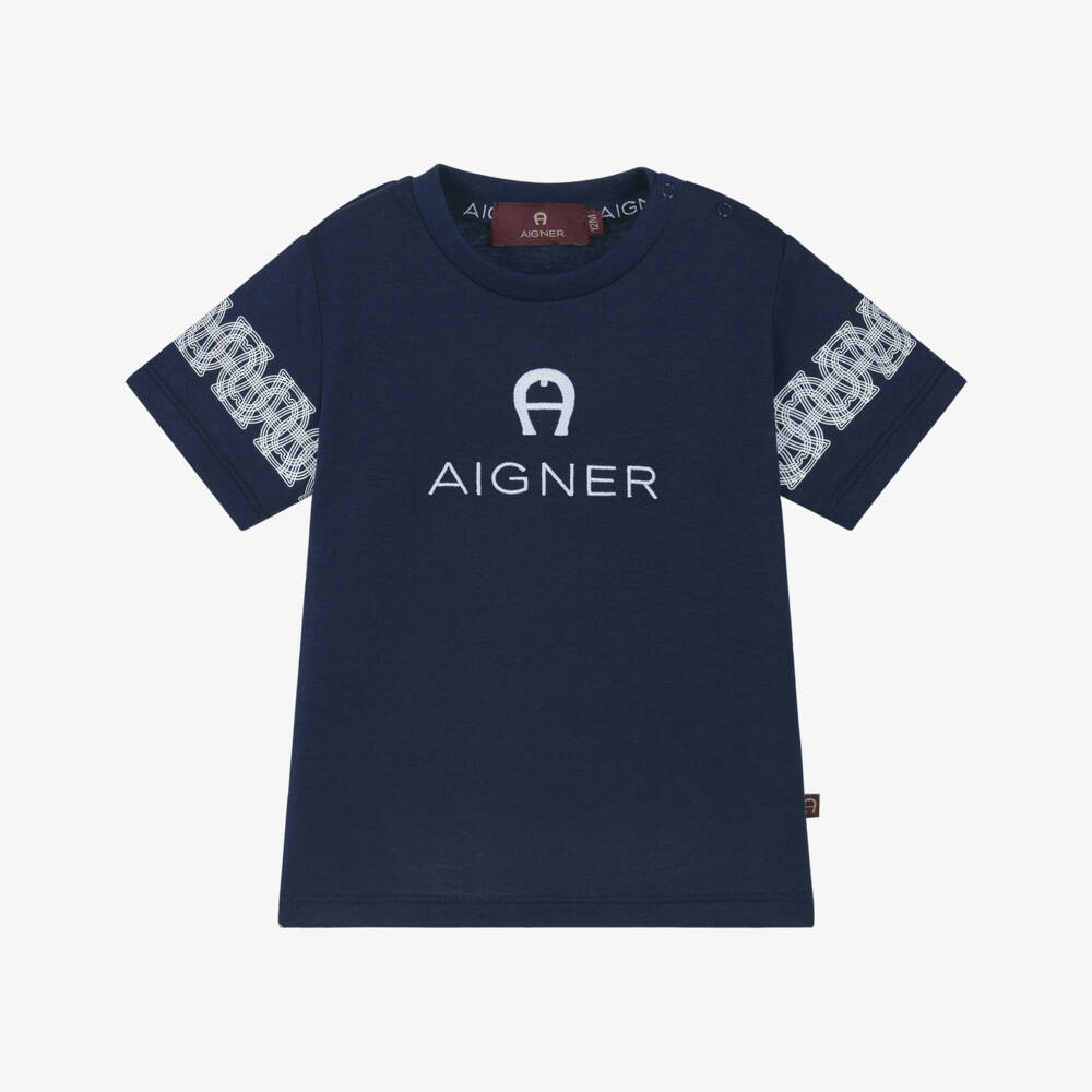 AIGNER-Baby Boys Navy Blue Cotton Jersey Embroidered Logo T-Shirt | Childrensalon Outlet