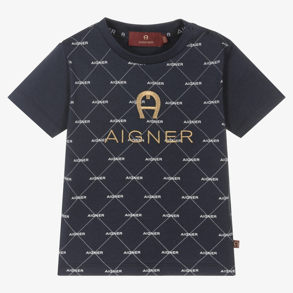 AIGNER-Baby Boys Navy Blue Cotton Logo T-Shirt | Childrensalon Outlet