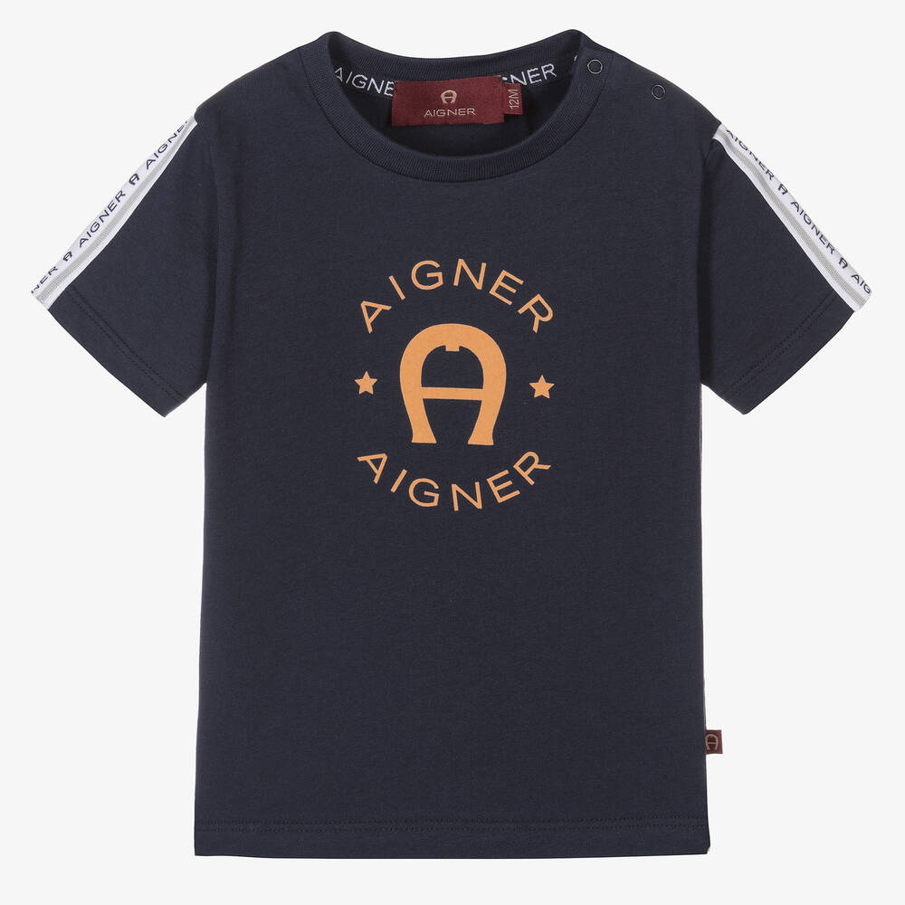 AIGNER-Baby Boys Navy Blue Cotton Logo T-Shirt | Childrensalon Outlet