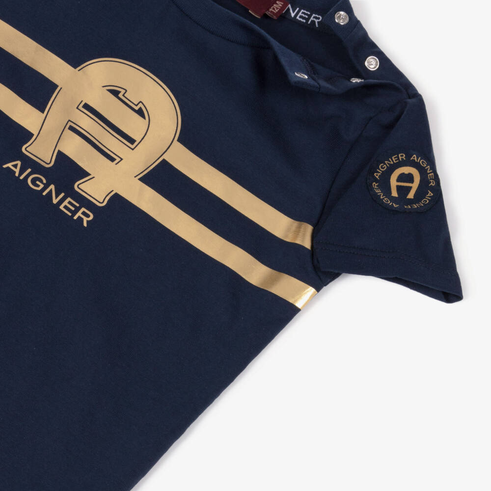 AIGNER-Baby Boys Navy Blue & Gold Horseshoe Logo Cotton T-Shirt | Childrensalon Outlet