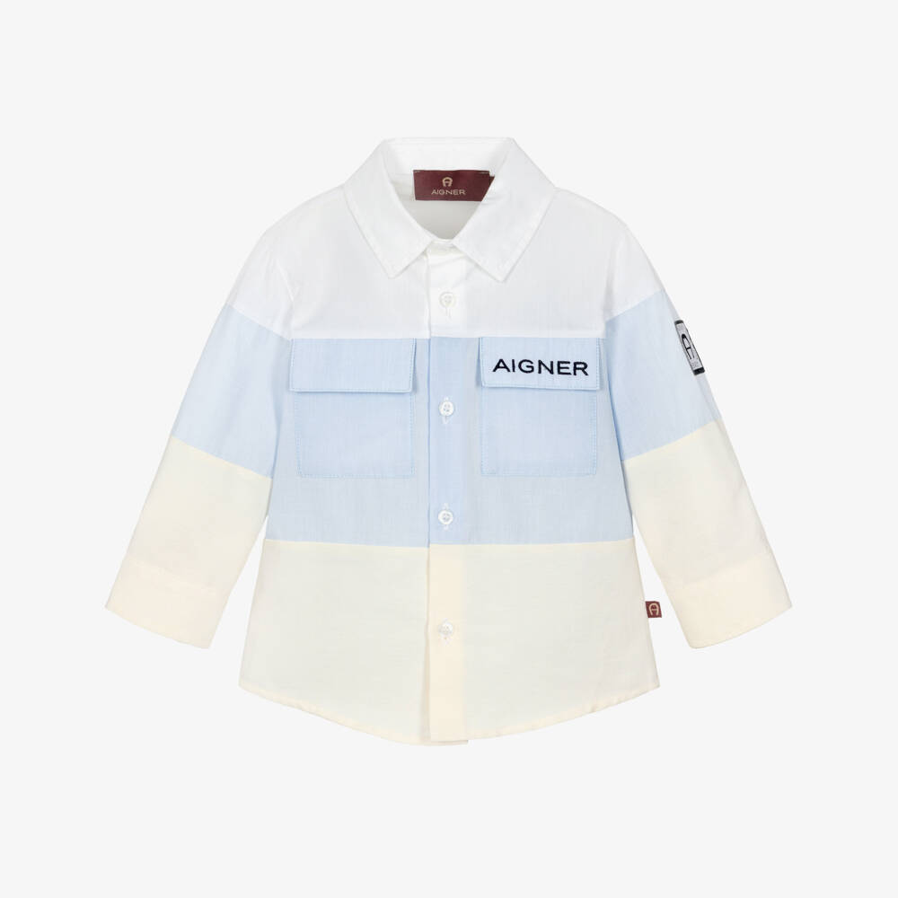 AIGNER-Baby Boys Pale Blue Colourblock Cotton Shirt | Childrensalon Outlet
