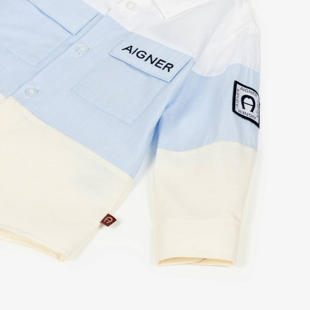 AIGNER-Baby Boys Pale Blue Colourblock Cotton Shirt | Childrensalon Outlet