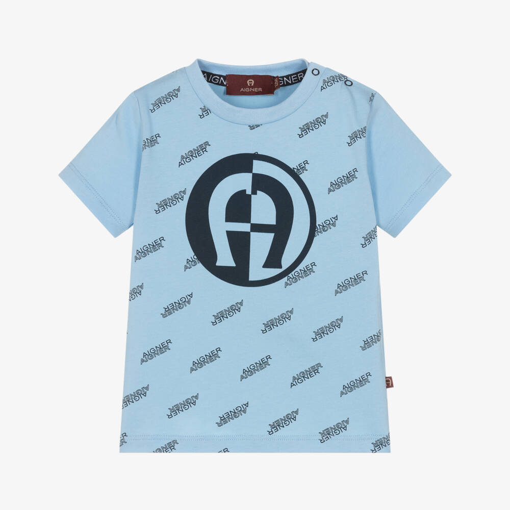 AIGNER-Baby Boys Pale Blue Cotton T-Shirt with Logo Print | Childrensalon Outlet