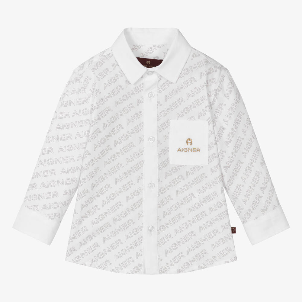 AIGNER-Baby Boys White & Beige Cotton Shirt | Childrensalon Outlet