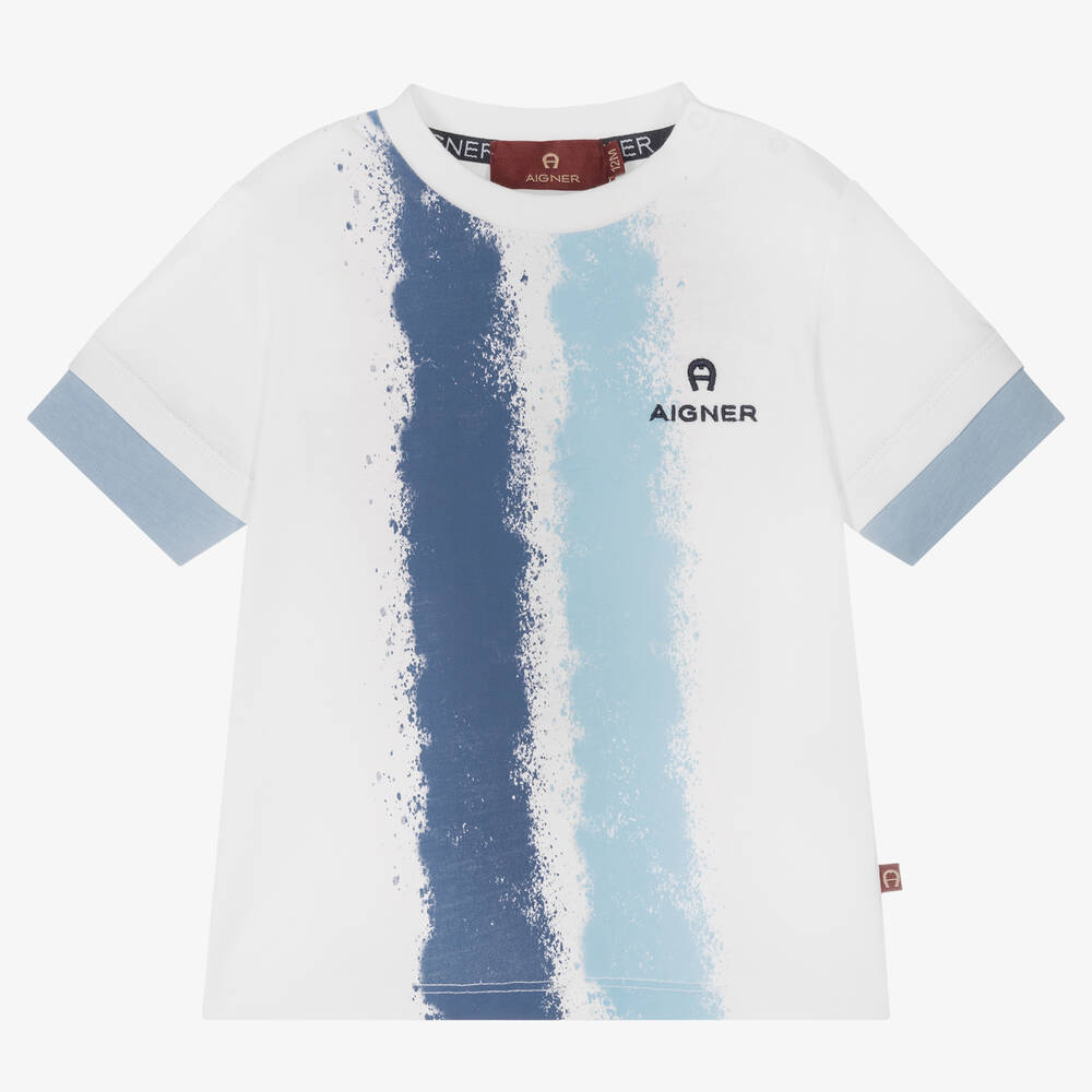AIGNER - Baby Boys White & Blue Cotton Logo T-Shirt | Childrensalon