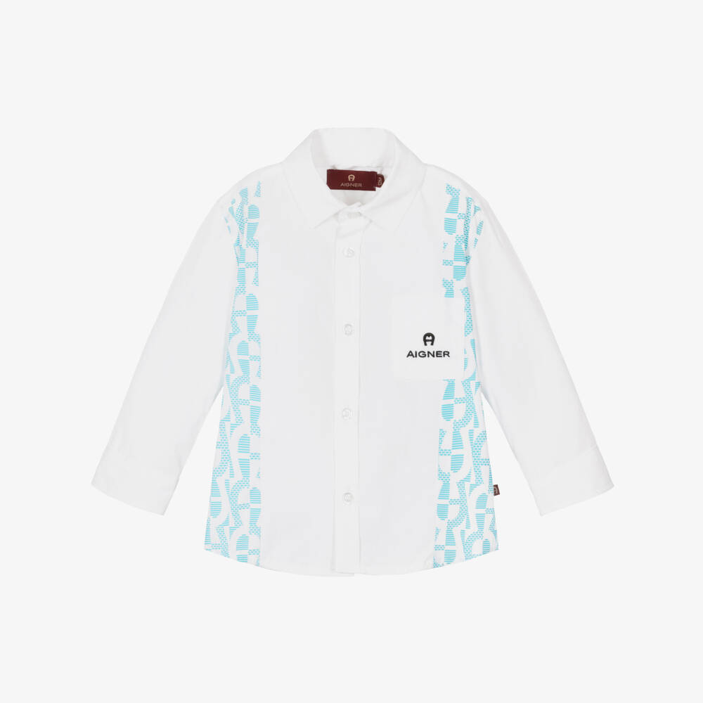 AIGNER-Baby Boys White & Blue Cotton Shirt | Childrensalon Outlet