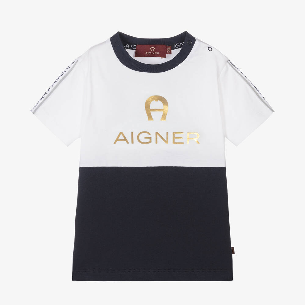 AIGNER - Baby Boys White & Blue Cotton T-Shirt | Childrensalon