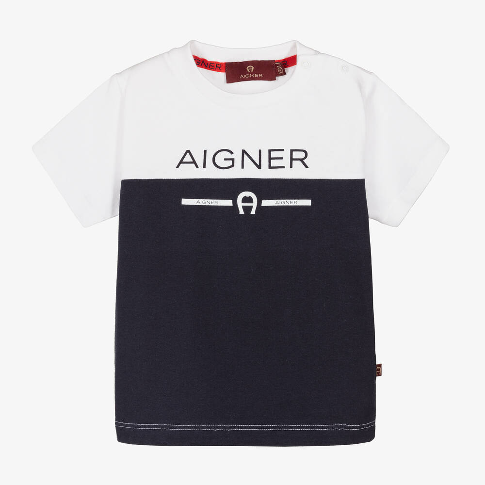 AIGNER - Baby Boys White & Blue Cotton T-Shirt | Childrensalon