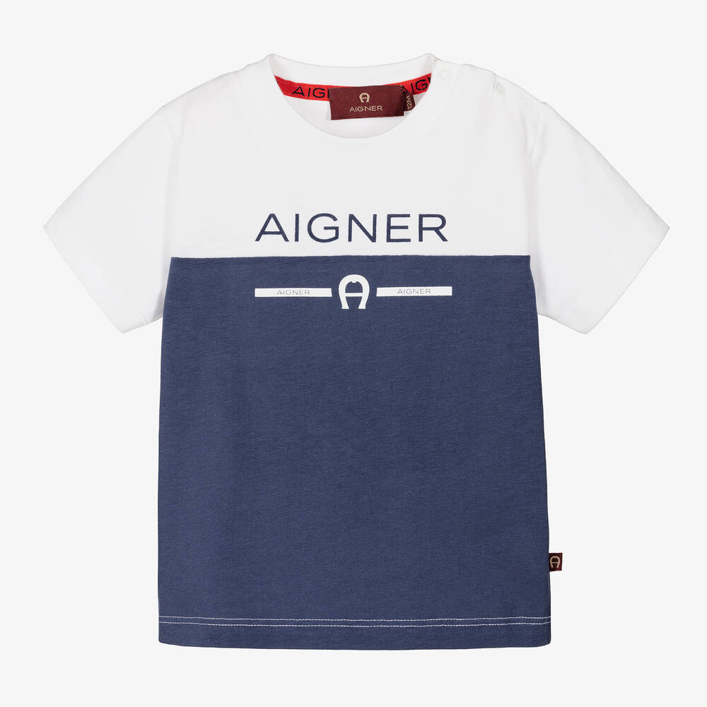 AIGNER - Baby Boys White & Blue Cotton T-Shirt | Childrensalon