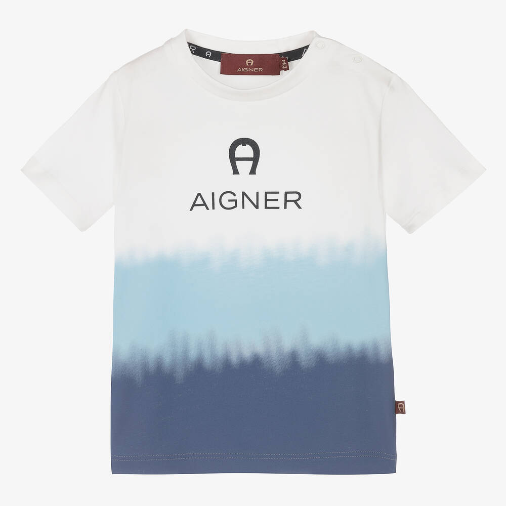 AIGNER - Baby Boys White & Blue Logo T-Shirt | Childrensalon