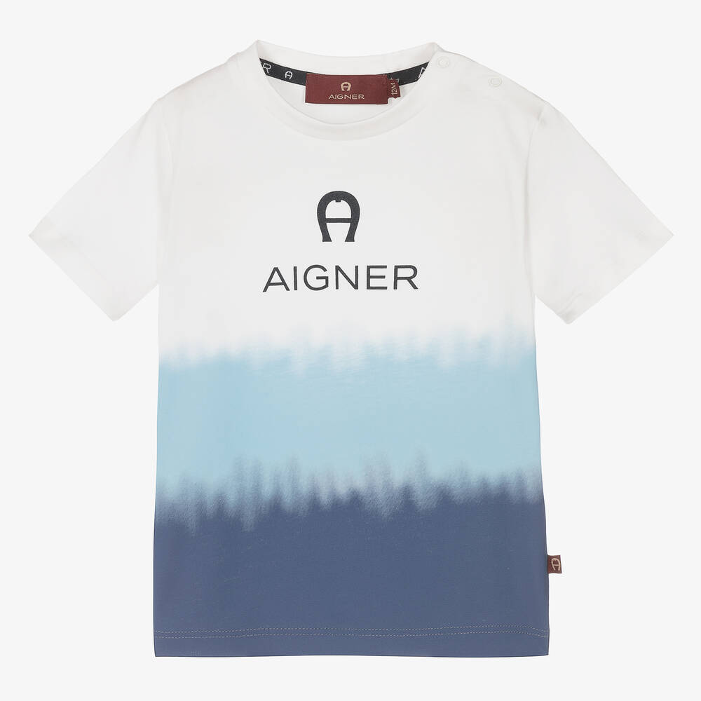 AIGNER-تيشيرت أطفال ولادي قطن لون أبيض وأزرق | Childrensalon Outlet