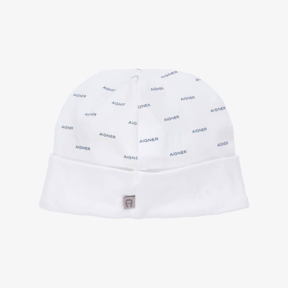AIGNER-Baby Boys White & Blue Pima Cotton Hat | Childrensalon Outlet