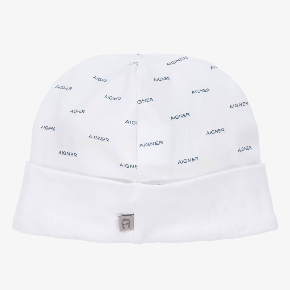 AIGNER-Baby Boys White & Blue Pima Cotton Hat | Childrensalon Outlet
