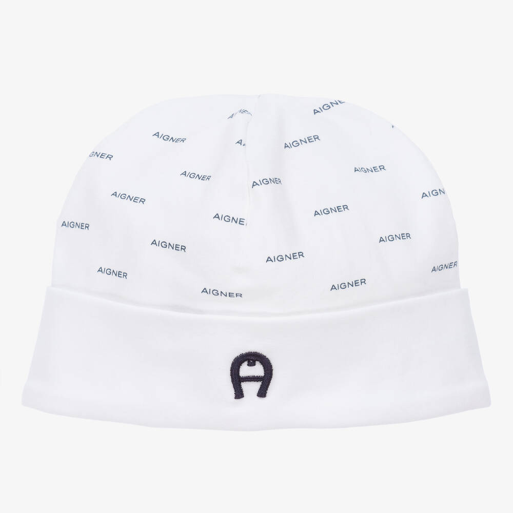 AIGNER - قبعة قطن بيما جيرسي لون أبيض وأزرق للمواليد | Childrensalon