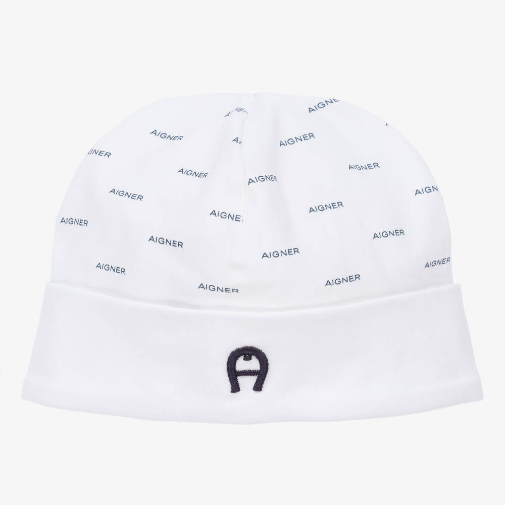 AIGNER - Bonnet Pima blanc et bleu bébé | Childrensalon