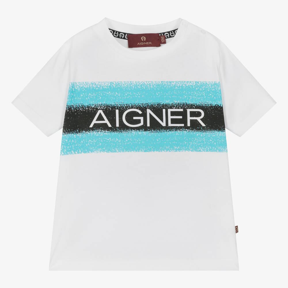 AIGNER-تيشيرت أطفال ولادي قطن مقلم لون أبيض | Childrensalon Outlet