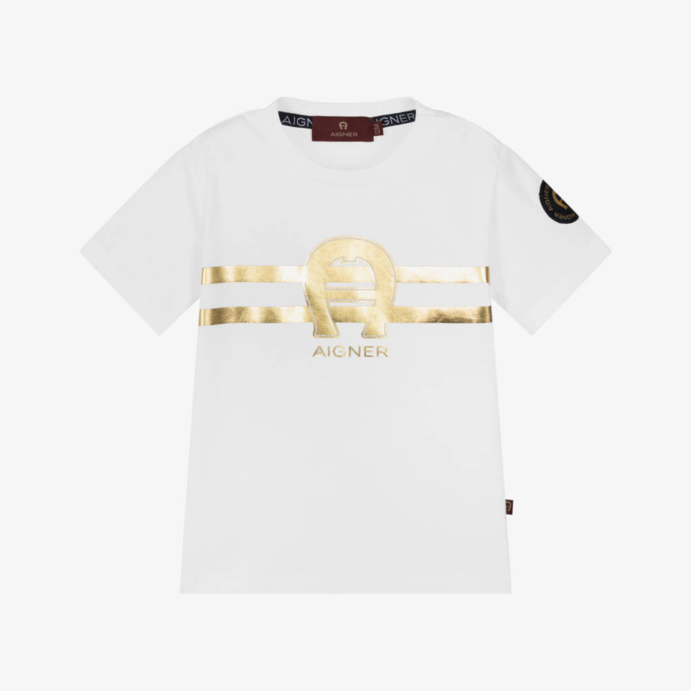 AIGNER-Baby Boys White & Gold Horseshoe Logo T-Shirt | Childrensalon Outlet