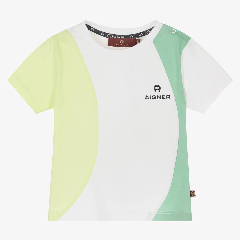 AIGNER - Бело-зеленая футболка с цветовыми блоками | Childrensalon