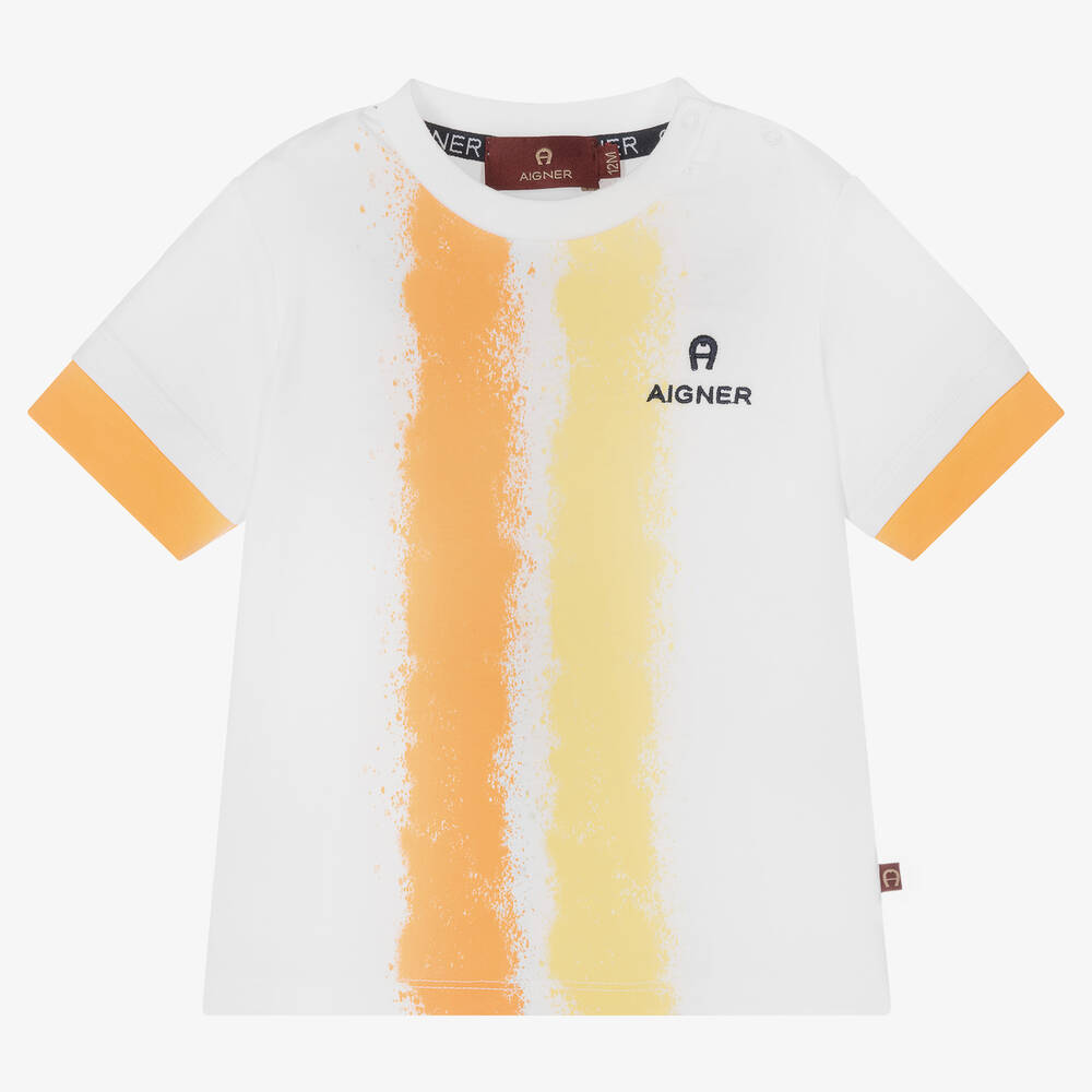 AIGNER - Baby Boys White & Orange Cotton Logo T-Shirt | Childrensalon