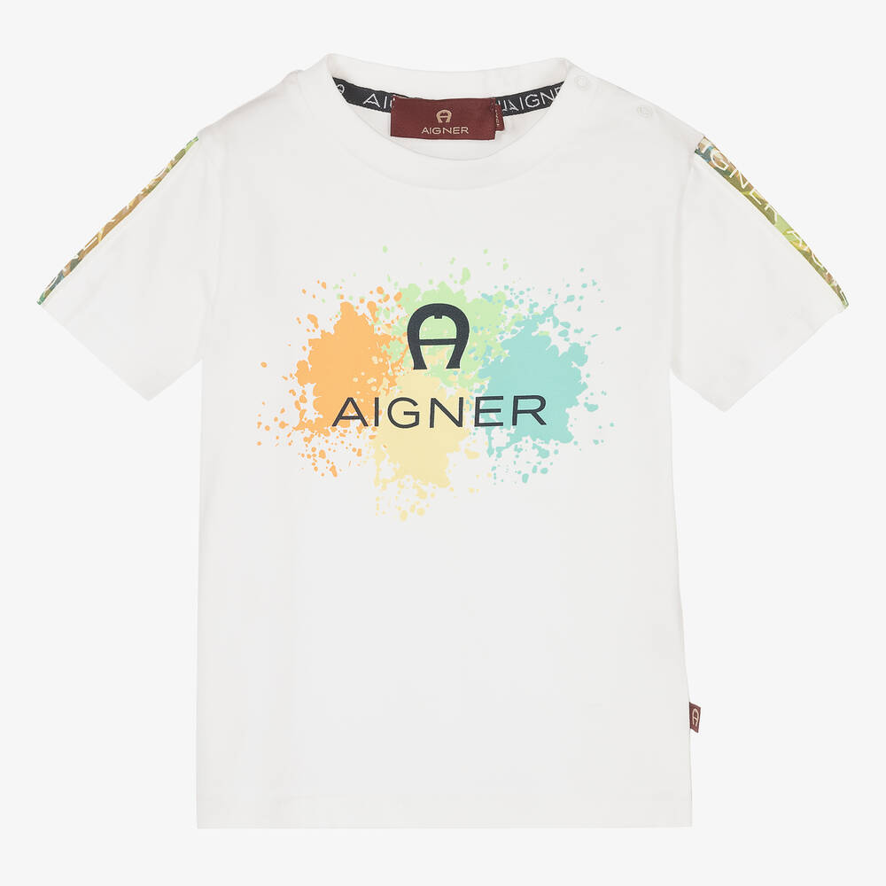 AIGNER - تيشيرت أطفال ولادي قطن لون أبيض | Childrensalon