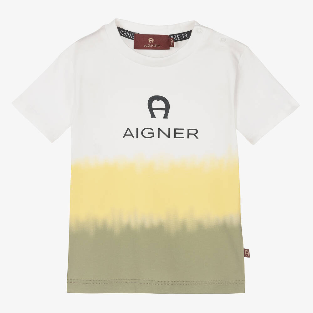 AIGNER - Baby Boys White & Yellow Logo T-Shirt | Childrensalon