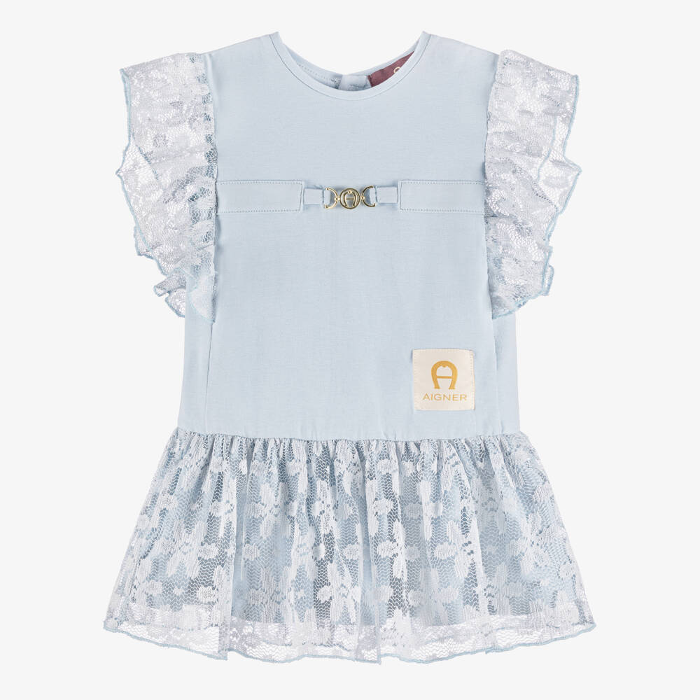AIGNER-Baby Girls Blue Cotton Jersey & Lace Dress | Childrensalon Outlet