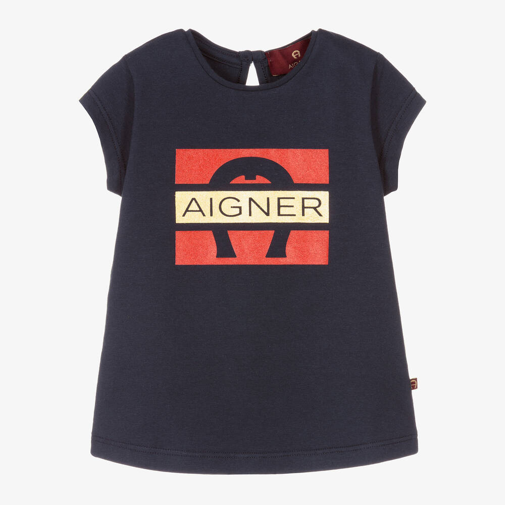 AIGNER - Baby Girls Blue Cotton Logo T-Shirt | Childrensalon