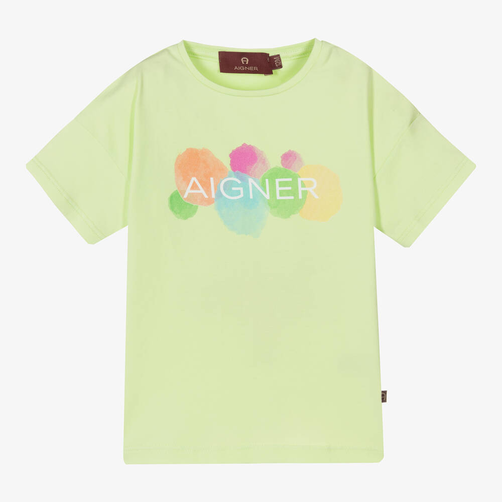 AIGNER - تيشيرت أطفال بناتي قطن جيرسي لون أخضر ليموني | Childrensalon