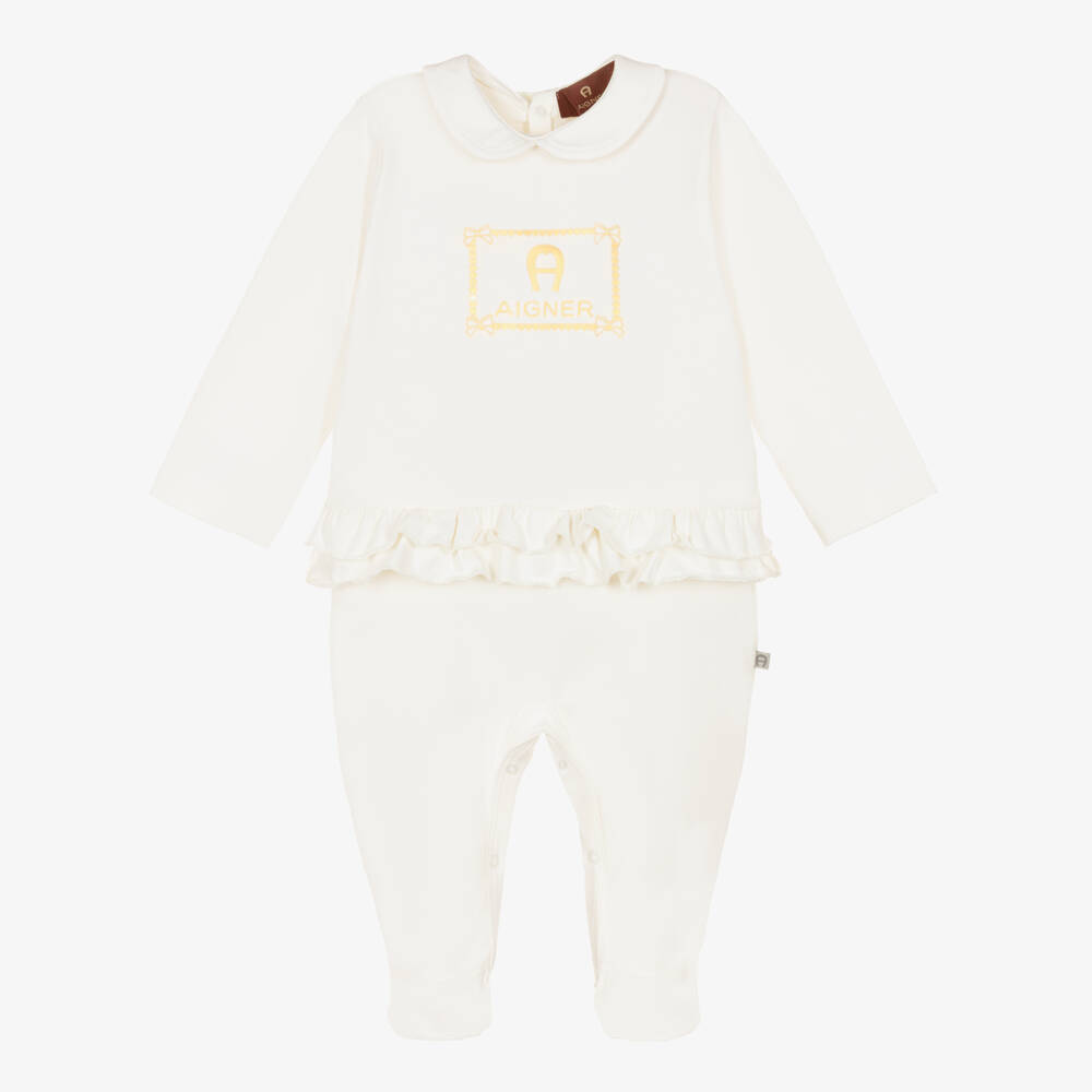 AIGNER-Baby Girls Ivory Cotton Babygrow with Ruffle Trim | Childrensalon Outlet