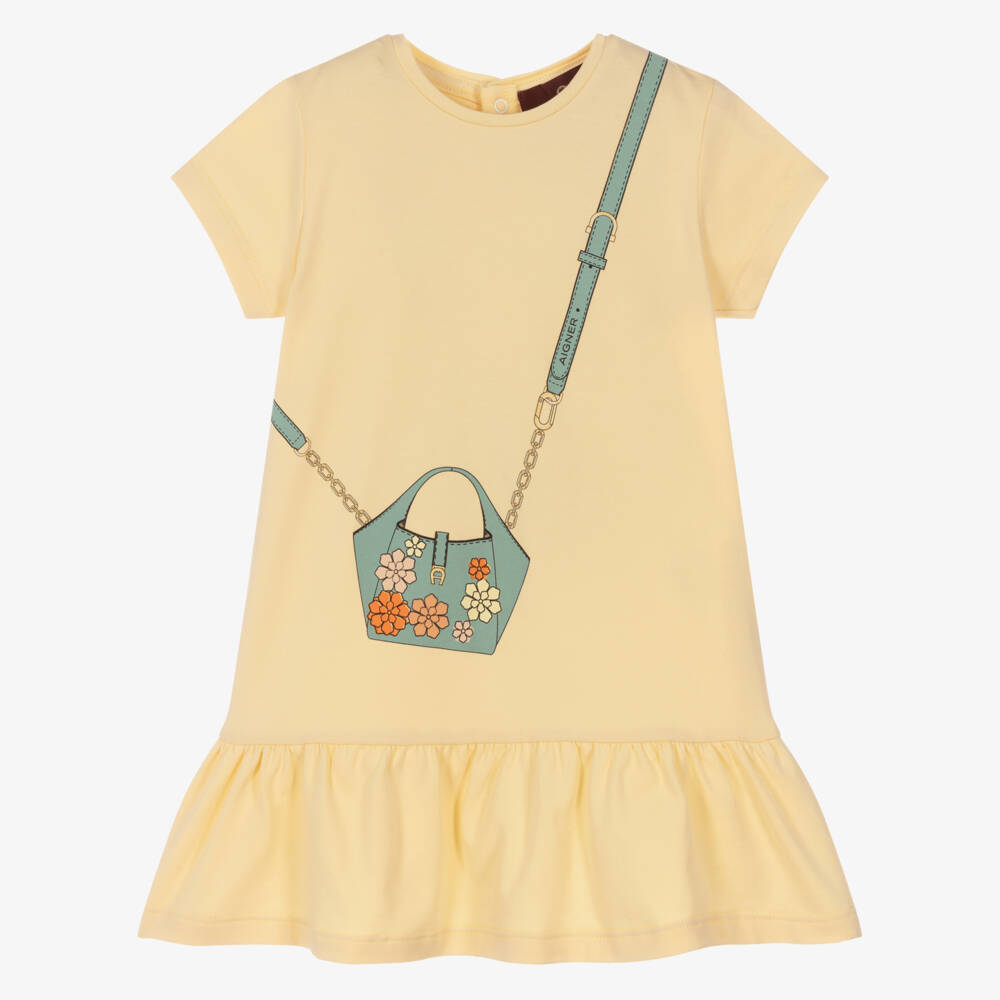 AIGNER-Baby Girls Pastel Yellow Cotton Dress with Bag Print | Childrensalon Outlet